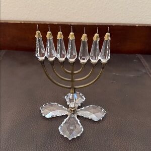 Vintage Crystal Menorah with an Old Brass Finish From Prague Judaica
